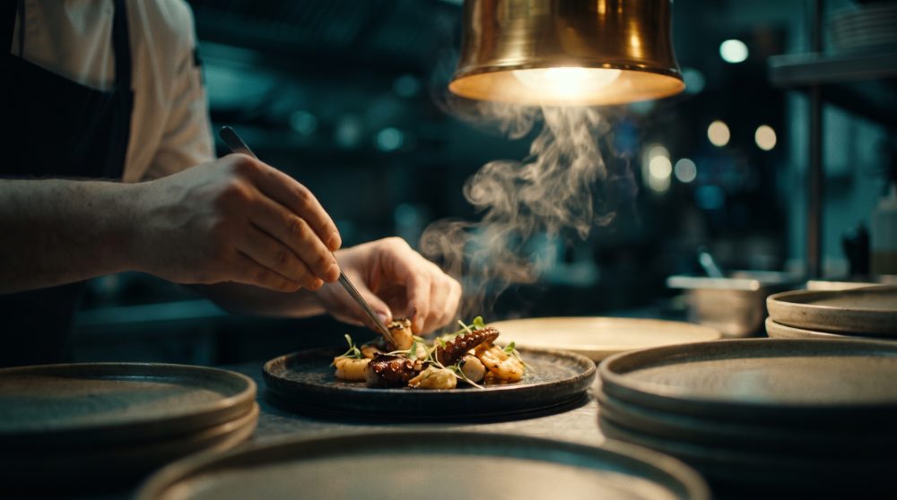 Restaurant film still — chef plating under a brass heat lamp