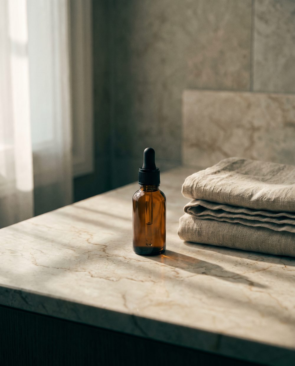 Product still — amber dropper bottle on marble beside folded linen